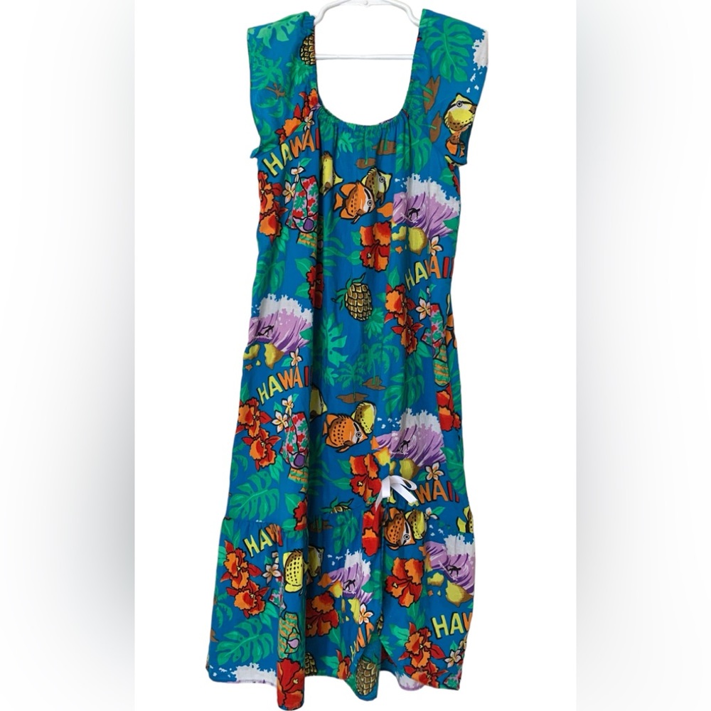 Hilo Hattie dress girls 6 child vintage cotton blue Hawaii fish flounce